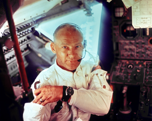 Buzz Aldrin in the Apollo 11 Lunar Module wearing his Speedmaster